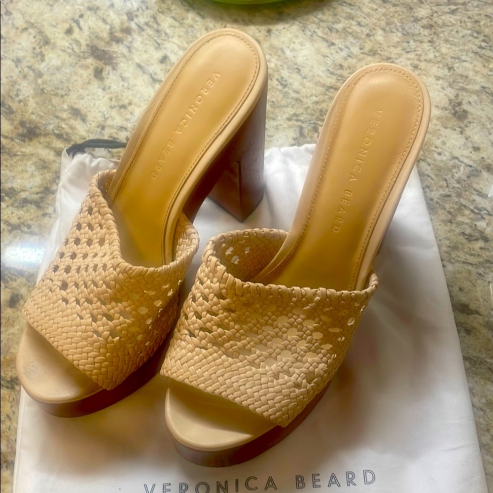 Veronica Beard Tan Woven wood platform Women's Mules